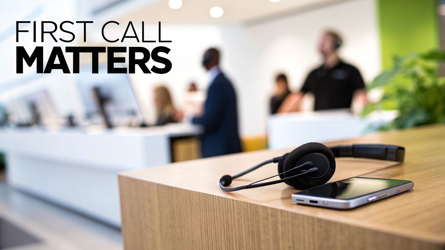 Headphones and a smartphone on a wooden desk in a busy, modern call center environment.