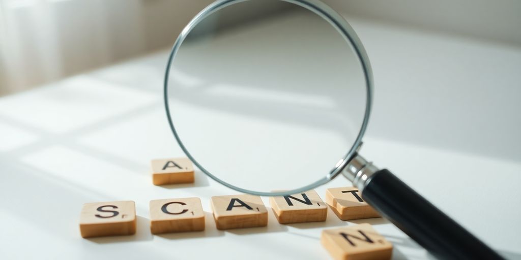 Magnifying glass over scattered keywords