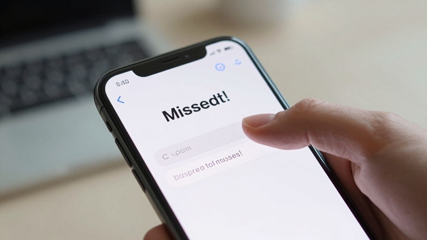 Smartphone showing missed call, hand reaching for it.