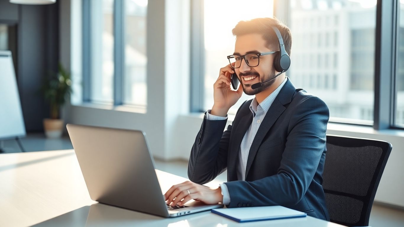 Salesperson making a confident outbound call in office