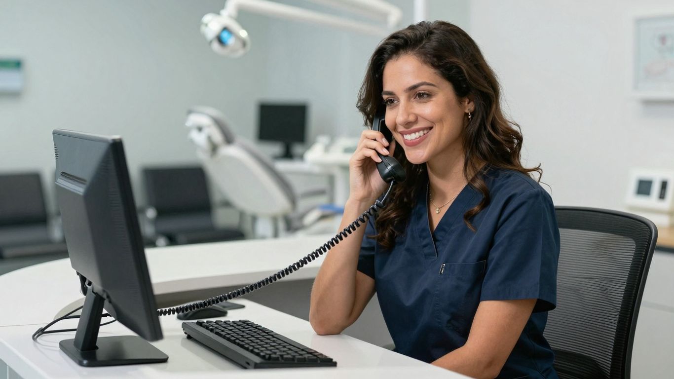 Dental receptionist on the phone discussing treatment plans.