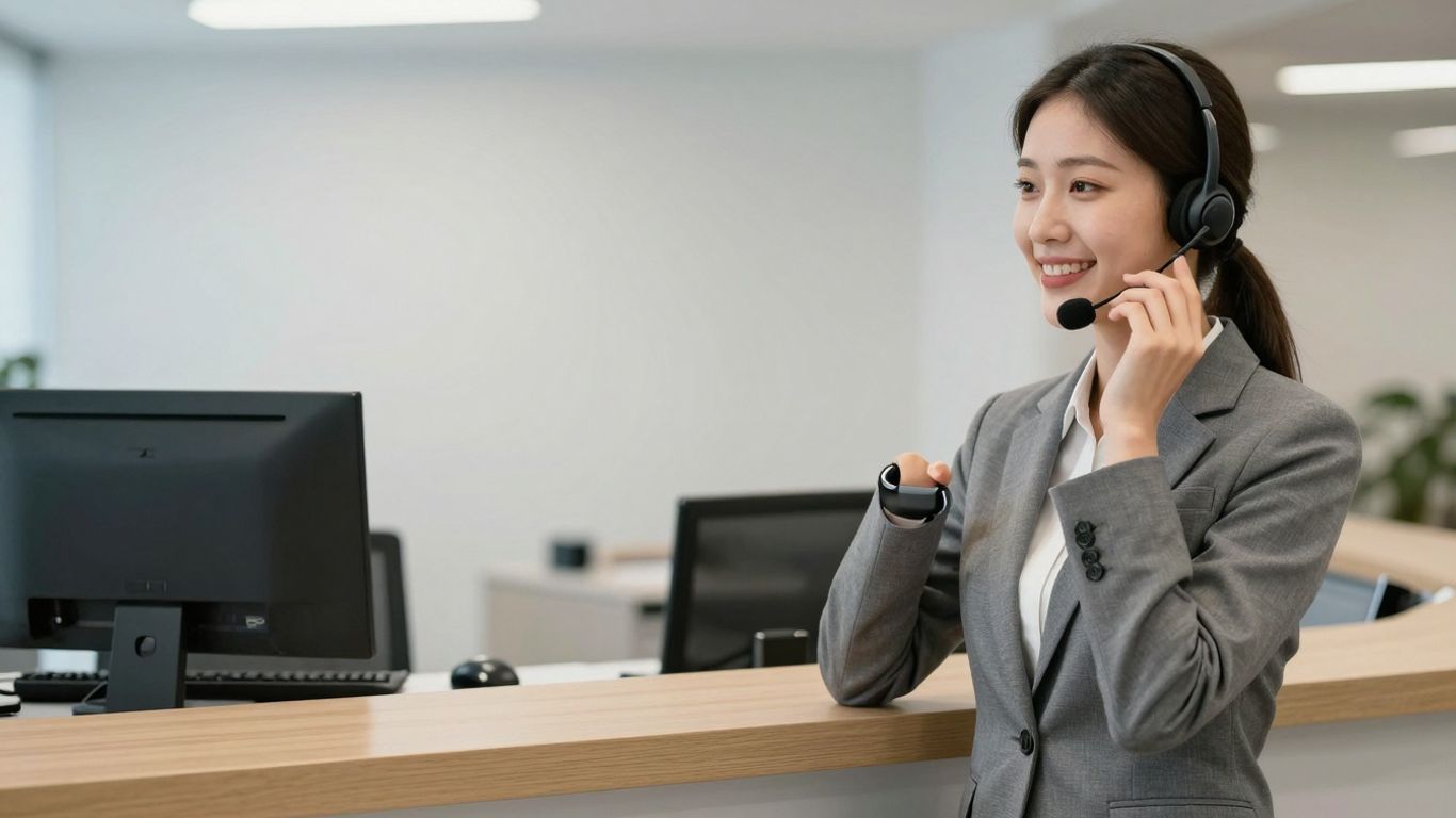 Receptionist answering phone with a smile.