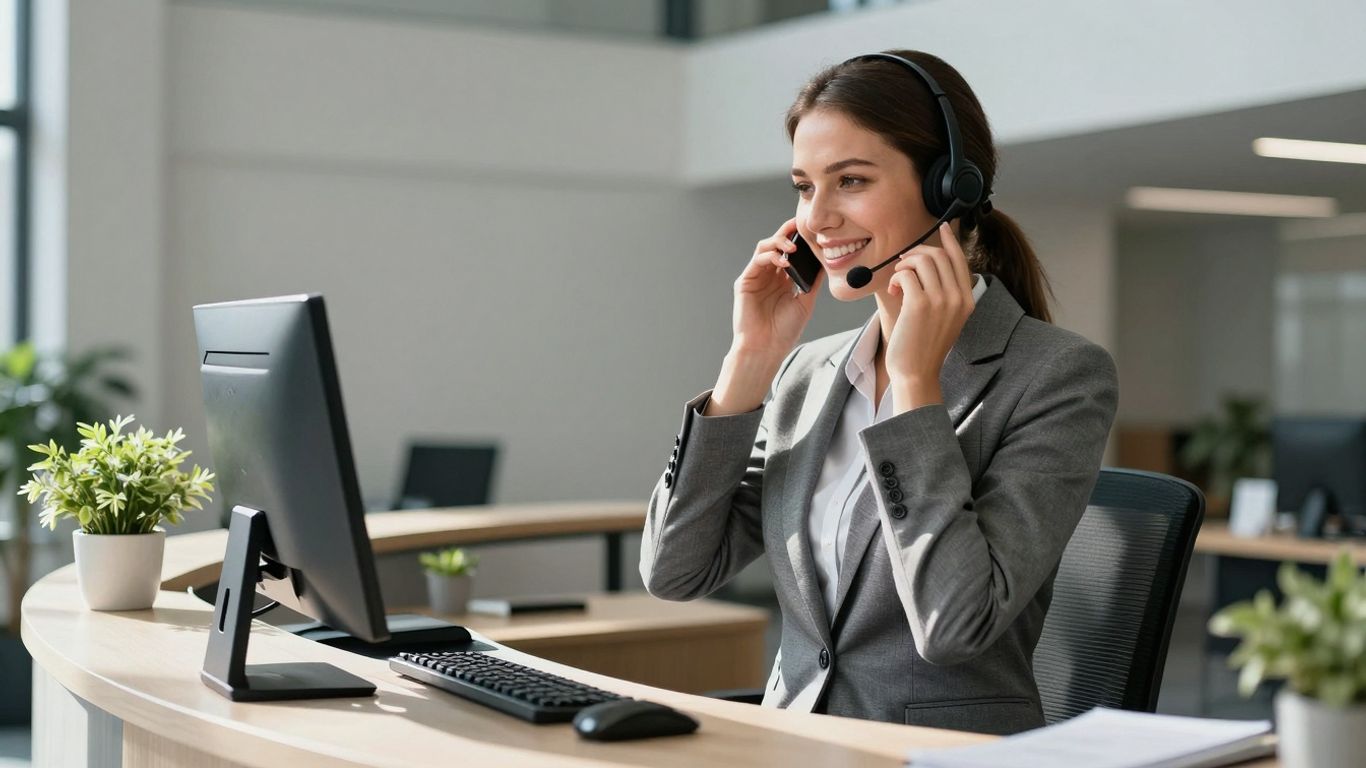 Receptionist professionally answering a phone call in an office.