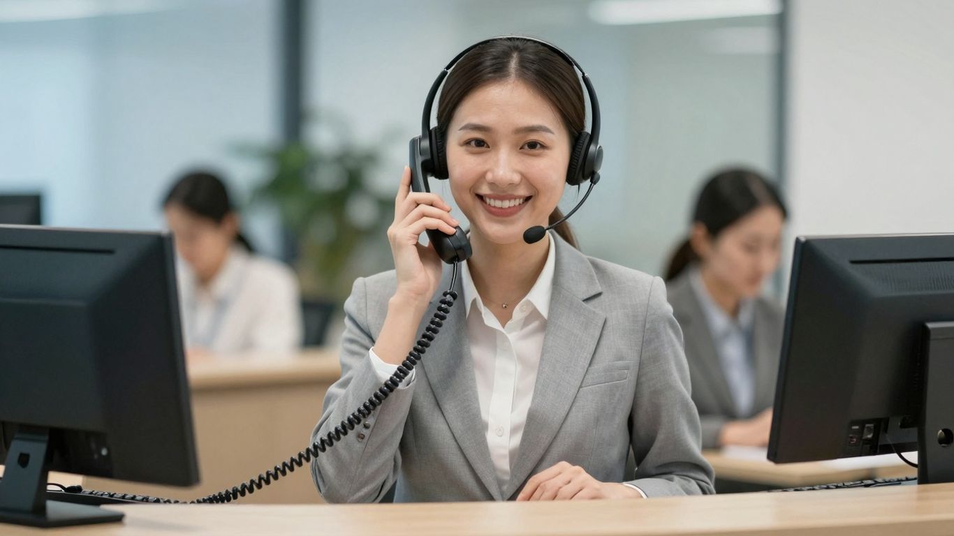 Receptionist with headset answering a phone call professionally.