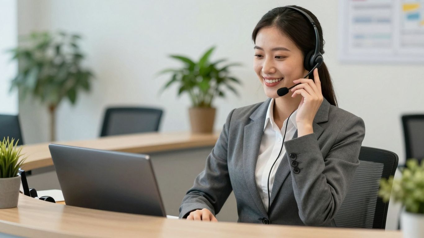 Receptionist answering phone with a smile.