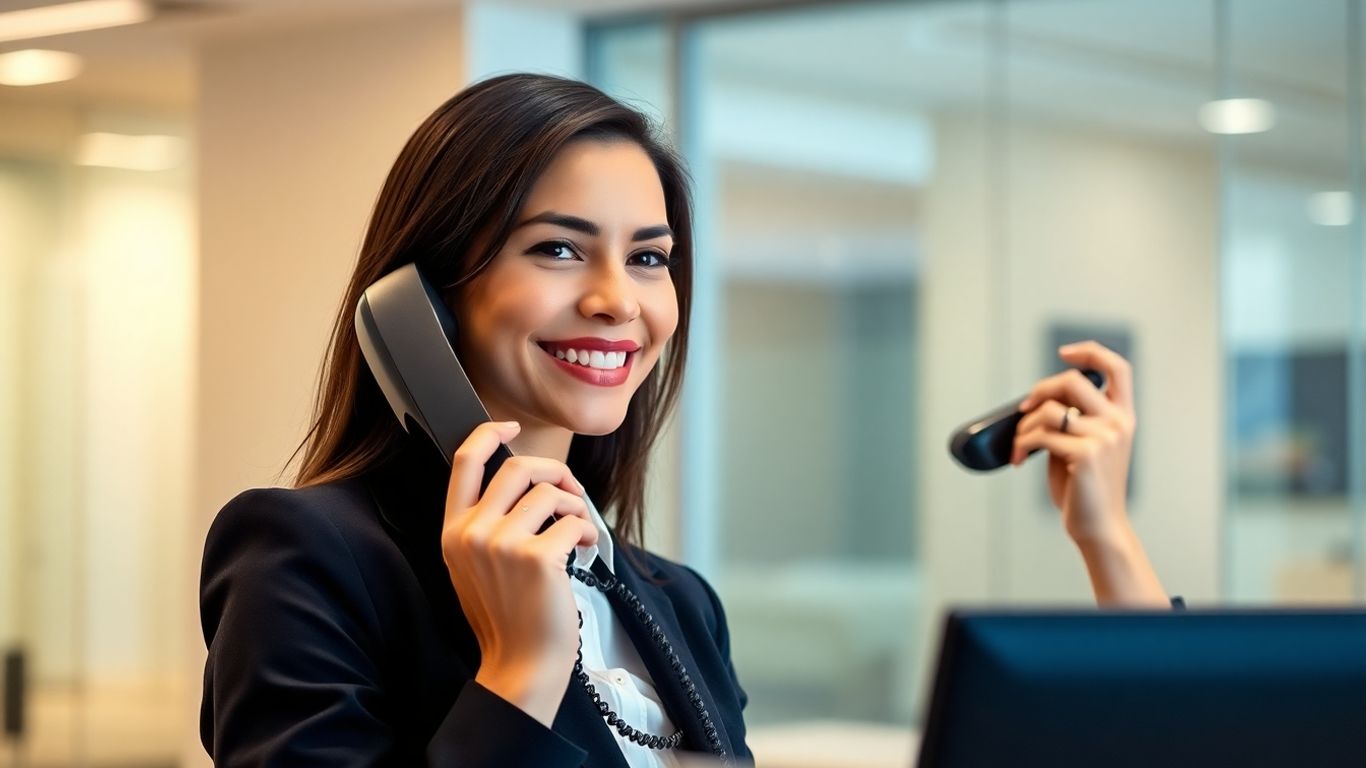 Receptionist calmly handling a phone call in an office.