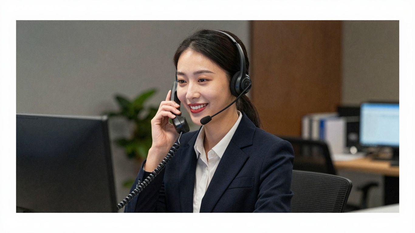 Receptionist handling a phone call professionally.