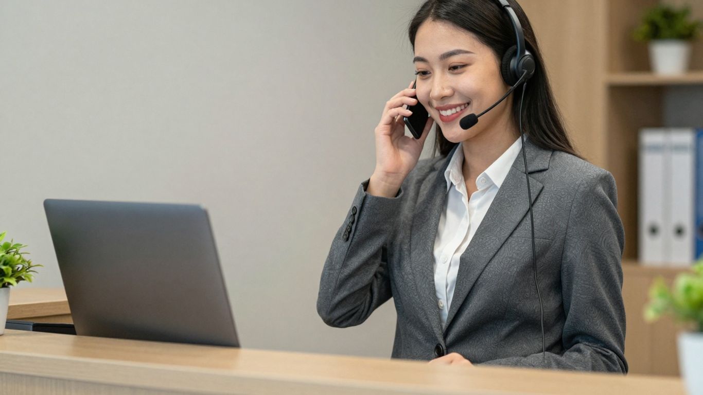 Receptionist answering phone with a smile.
