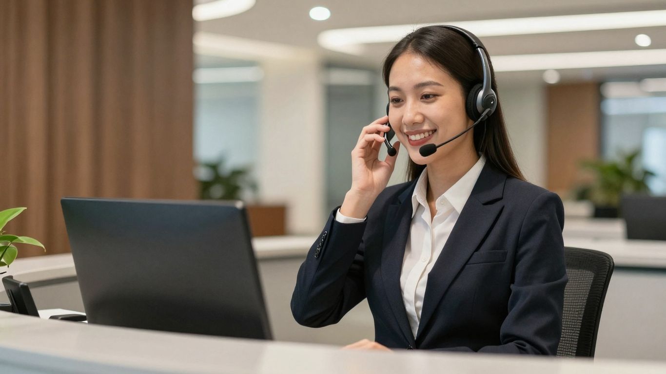 Receptionist answering phone with a smile.