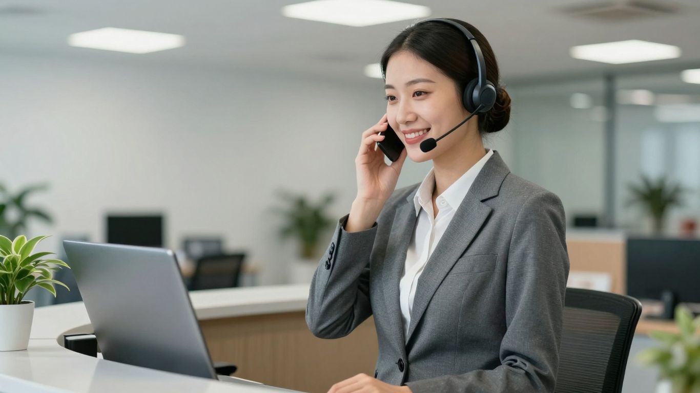 Receptionist answering phone with a smile.
