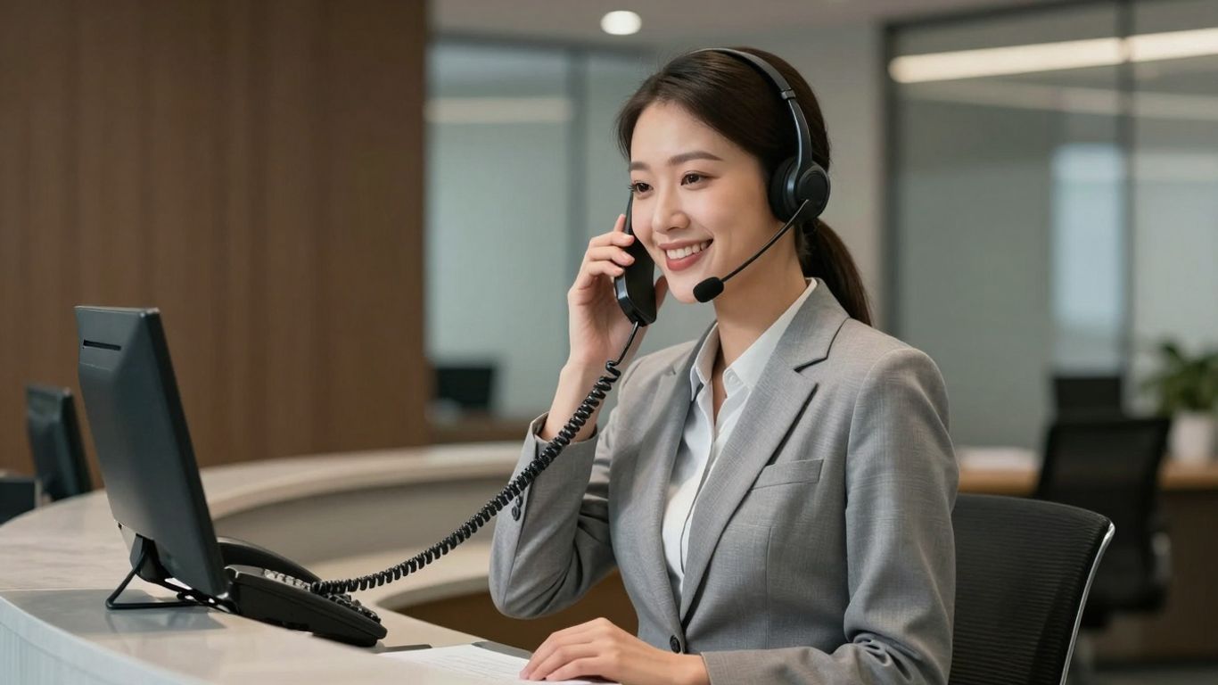 Receptionist answering a phone with a smile.
