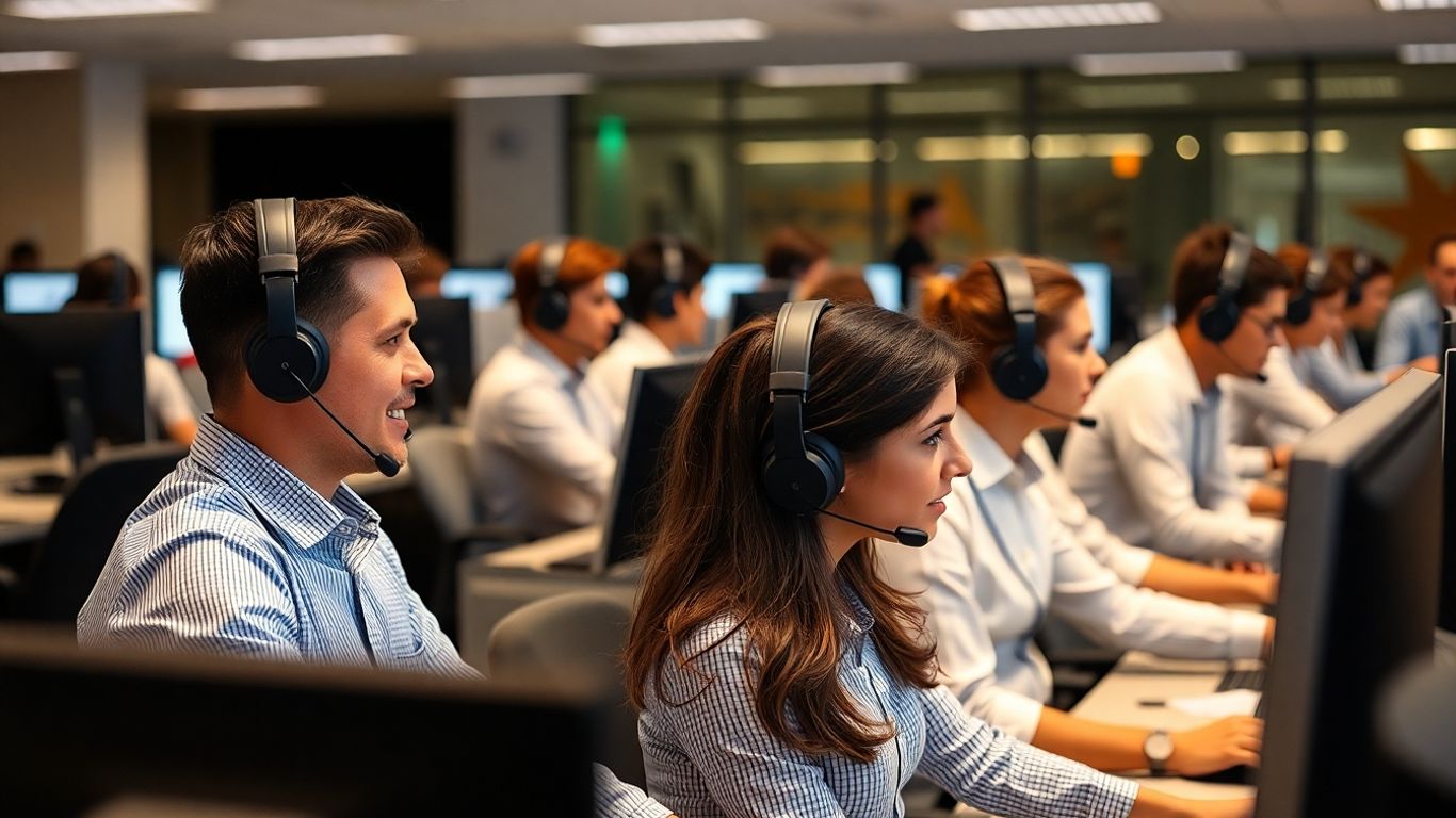 Call center agents with headsets working at desks.