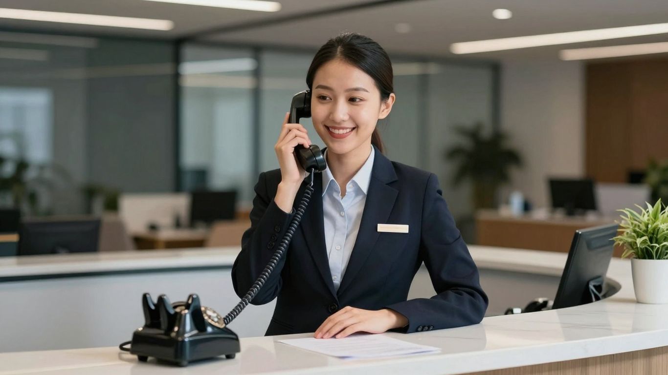 Receptionist confidently answering a phone in an office.