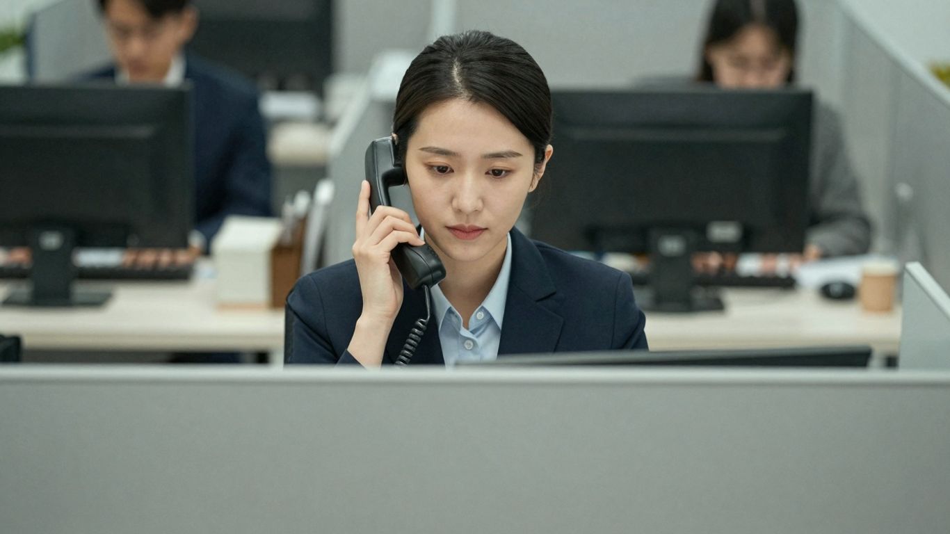 Receptionist answering a phone call with a discreet expression.
