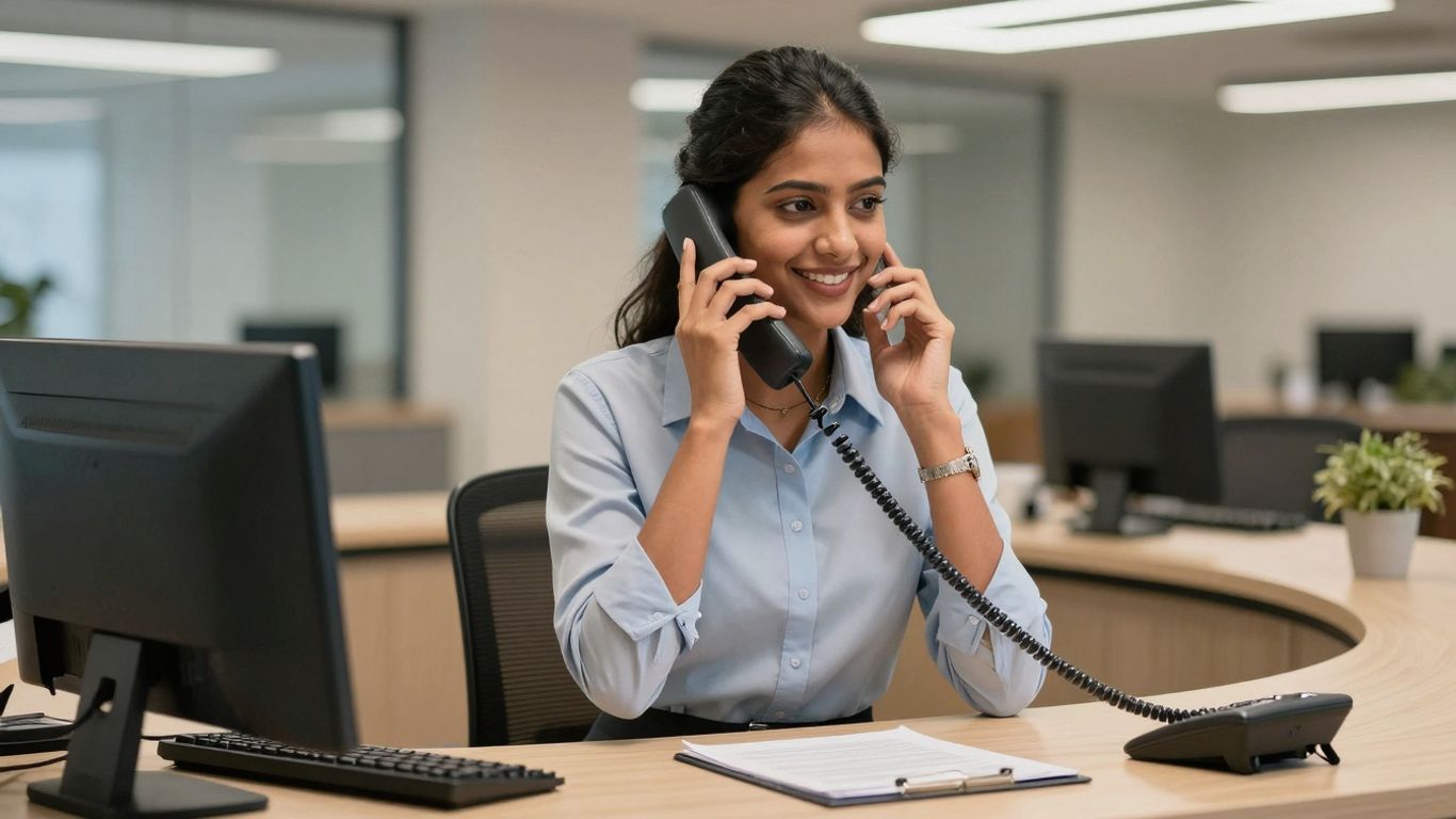 Receptionist answering a phone call at a desk.