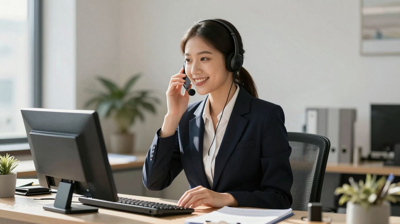 Receptionist answering a phone with a headset.
