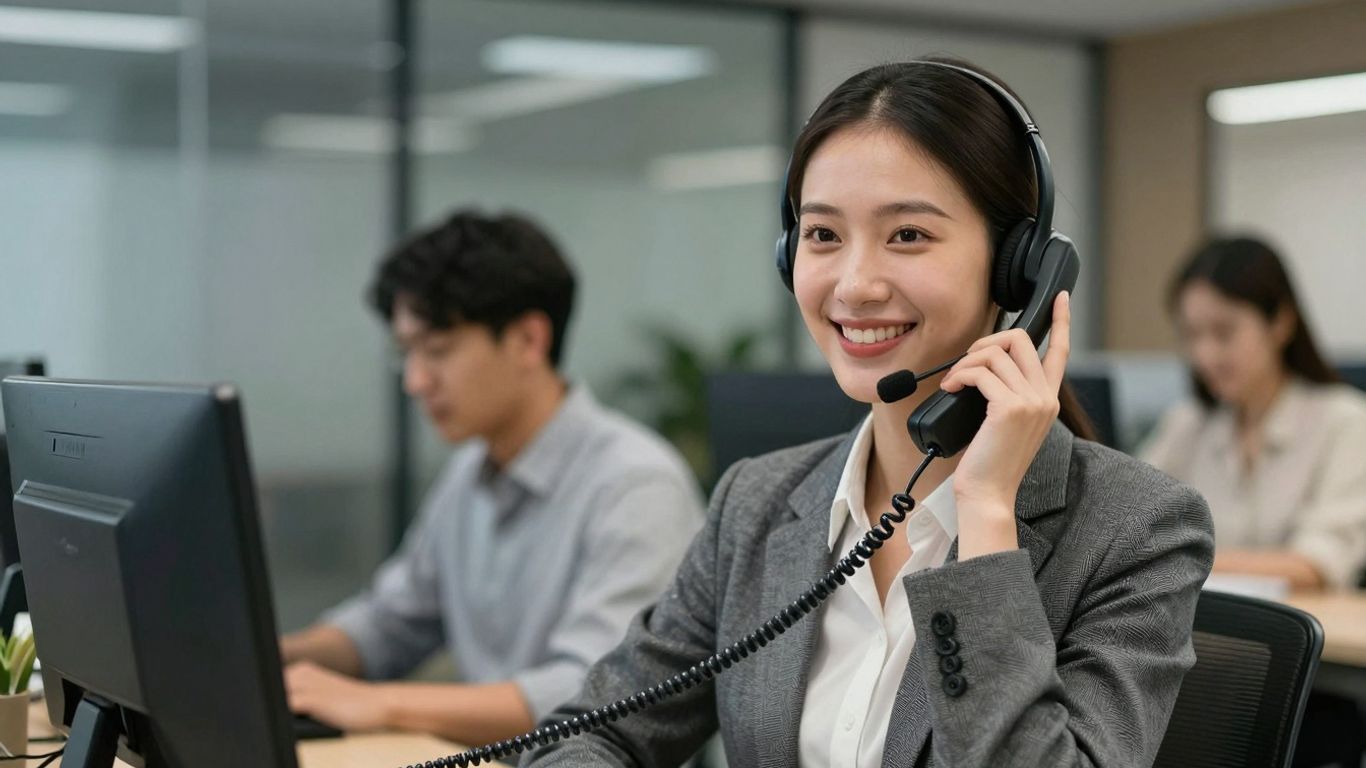 Receptionist answering a phone call with a headset.
