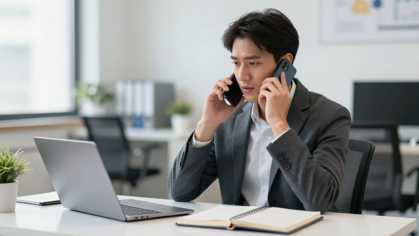 Person on a business call in an office.