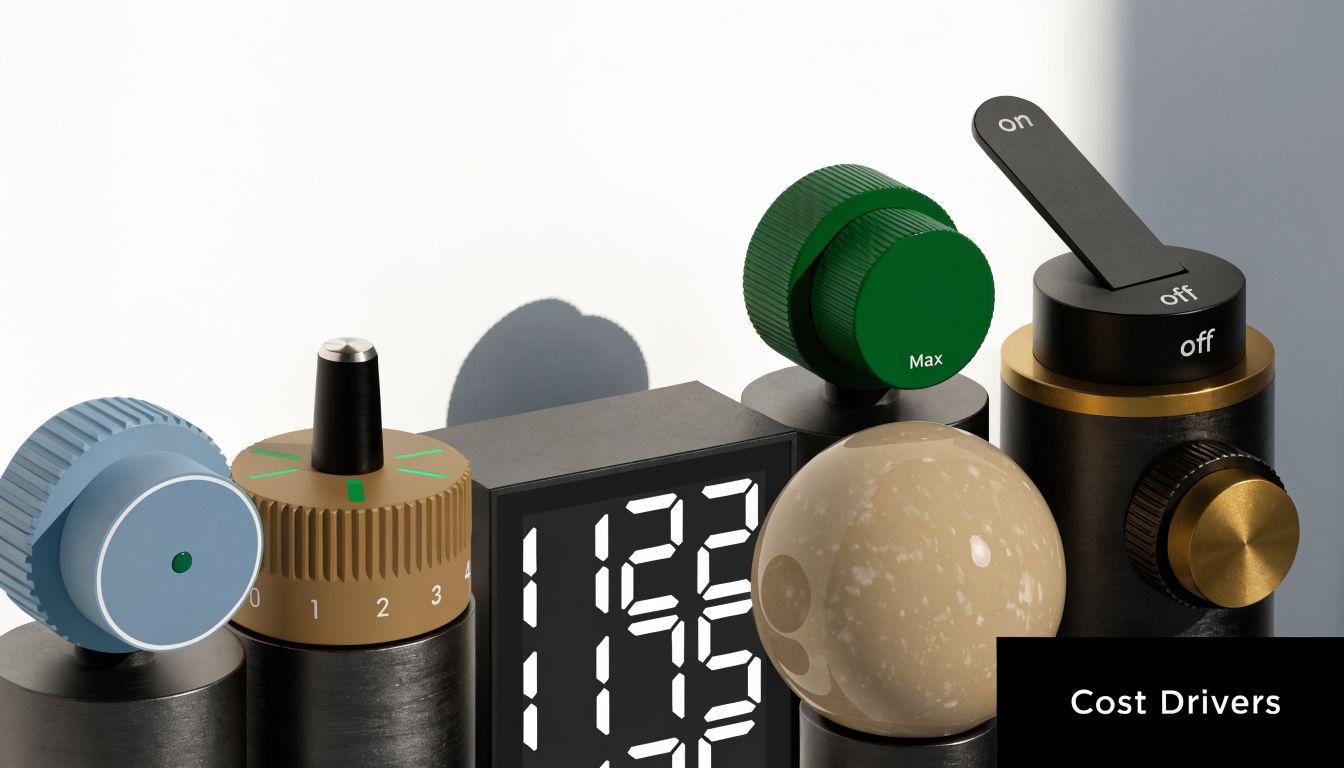 A conceptual 3D render showing various industrial knobs, dials, and a digital display labeled Cost Drivers.