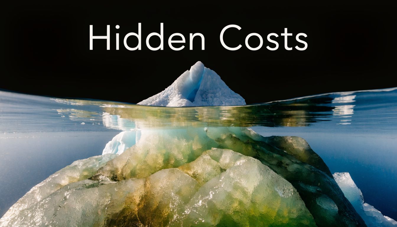 A conceptual image showing an iceberg above and below the water, symbolizing the concept of hidden costs.