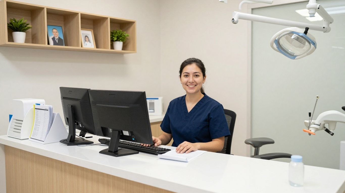 Dental receptionist greeting patient at modern office desk