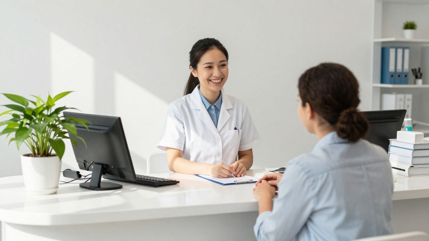 Dental receptionist assisting a patient at the front desk.