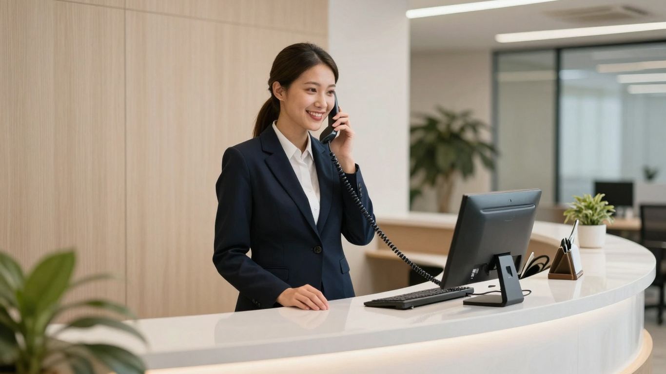 Receptionist answering phone with a smile.