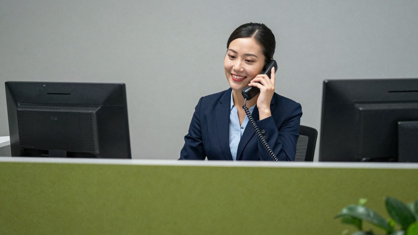 Receptionist answering phone with a smile.