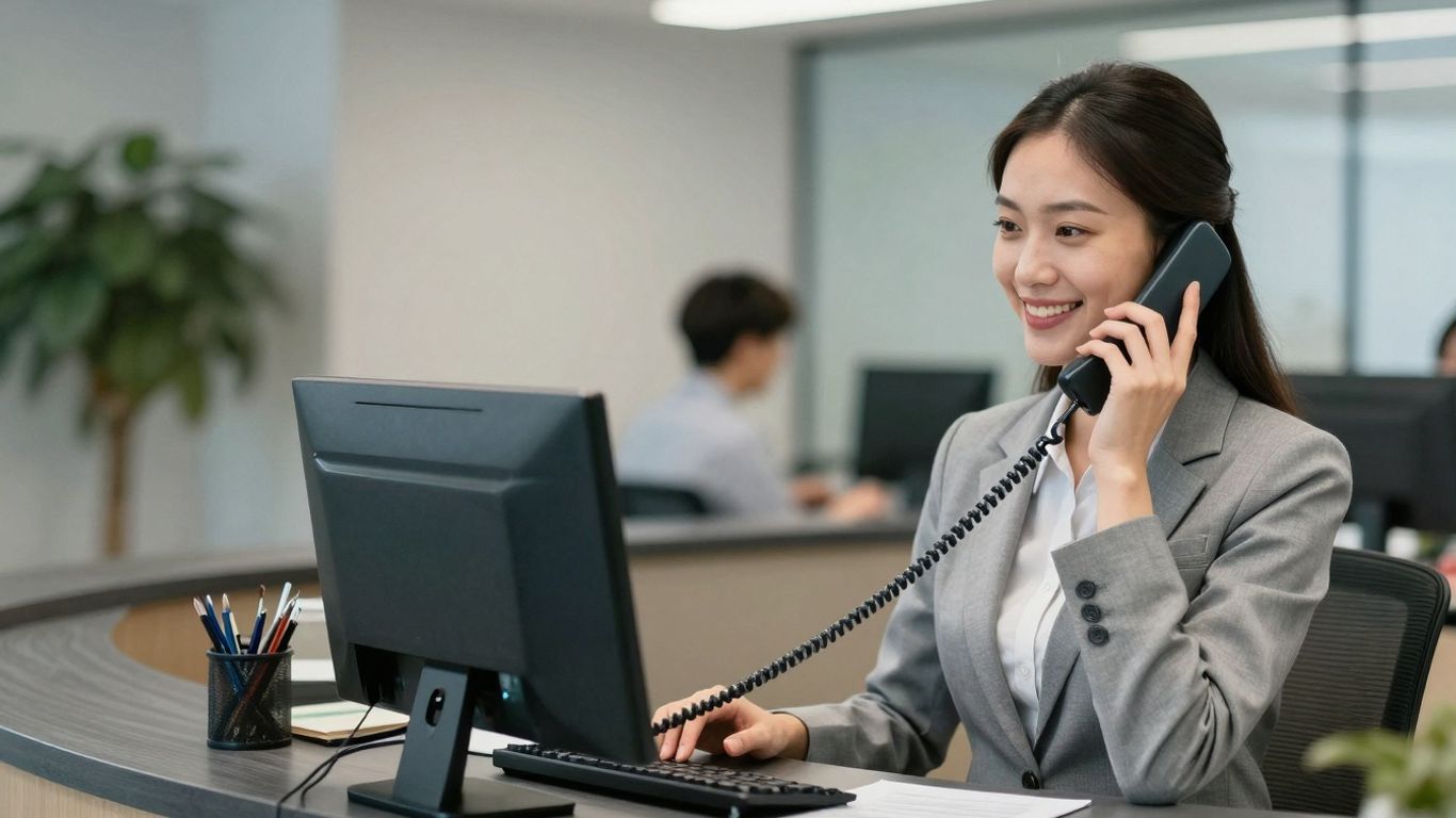 Receptionist answering phone with a smile.