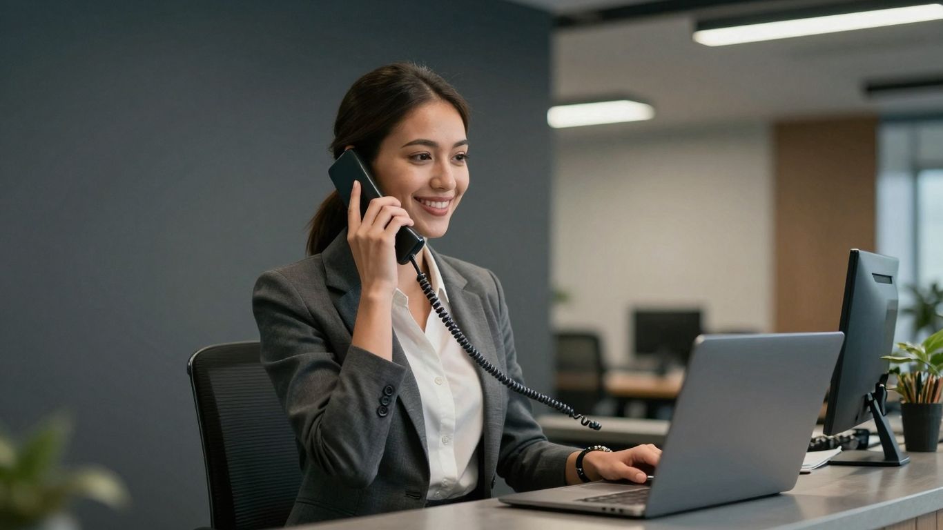 Receptionist answering phone with a smile.