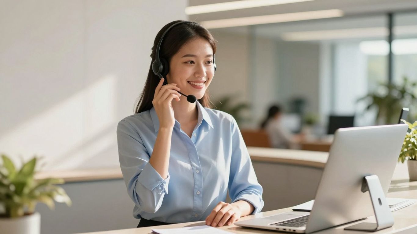 Receptionist answering phone in a modern office lobby.