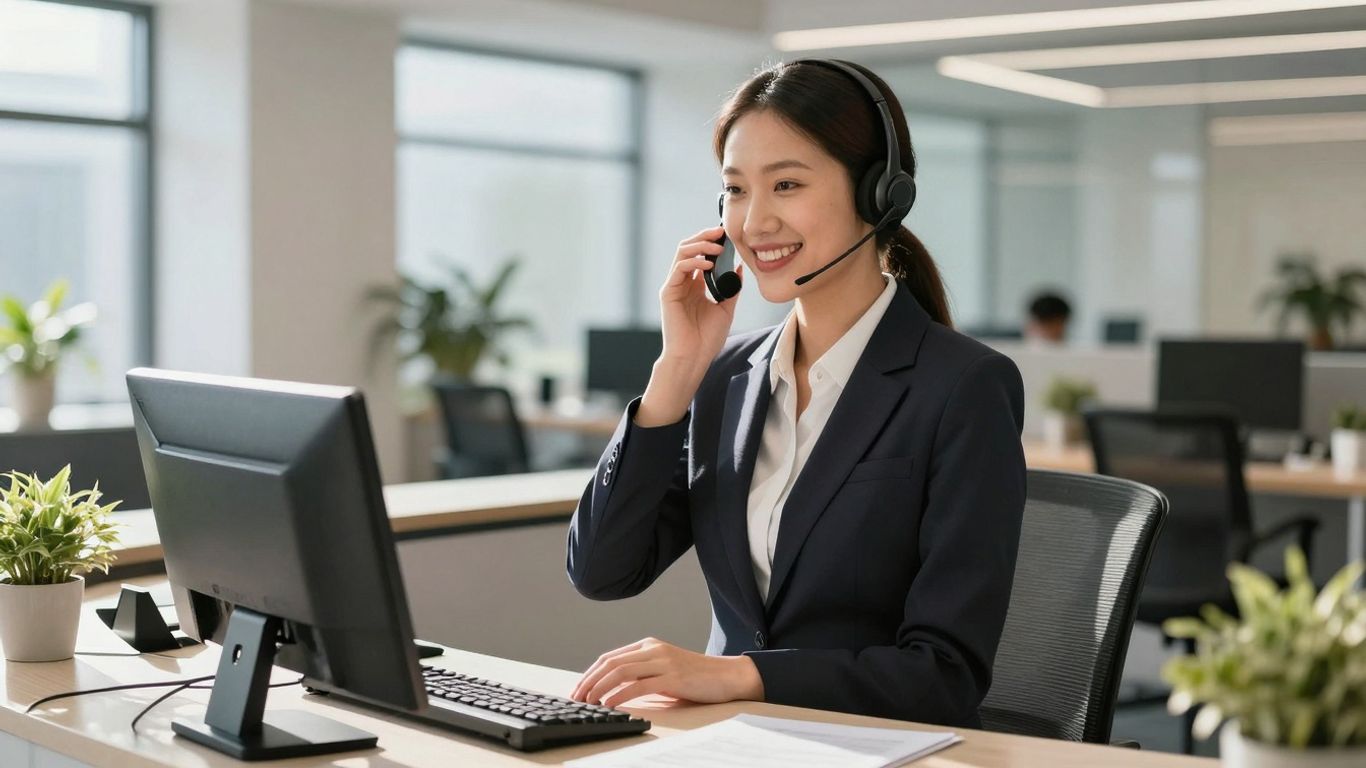 Receptionist answering phone in a modern office.