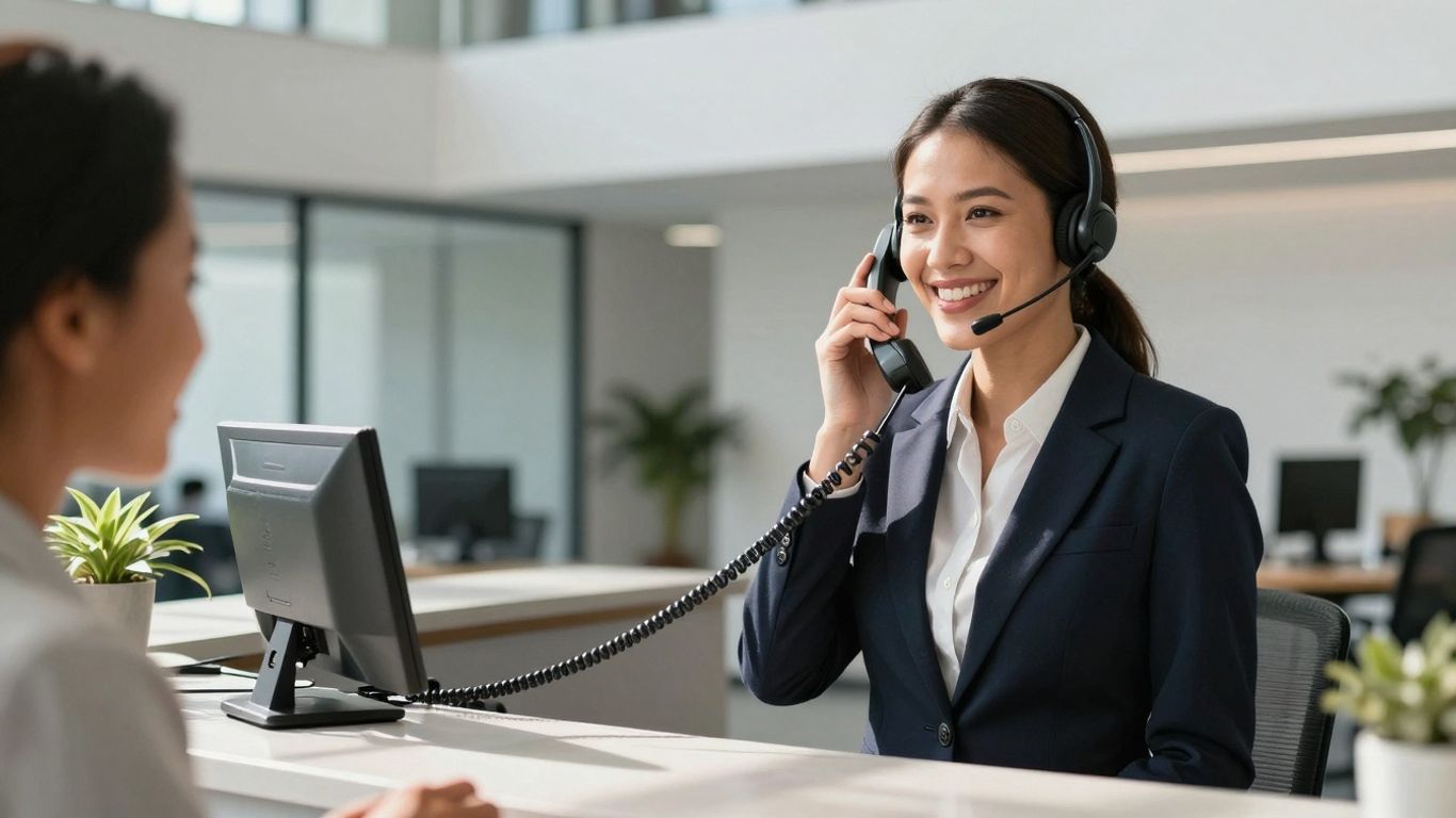 Receptionist answering a phone call with a smile.