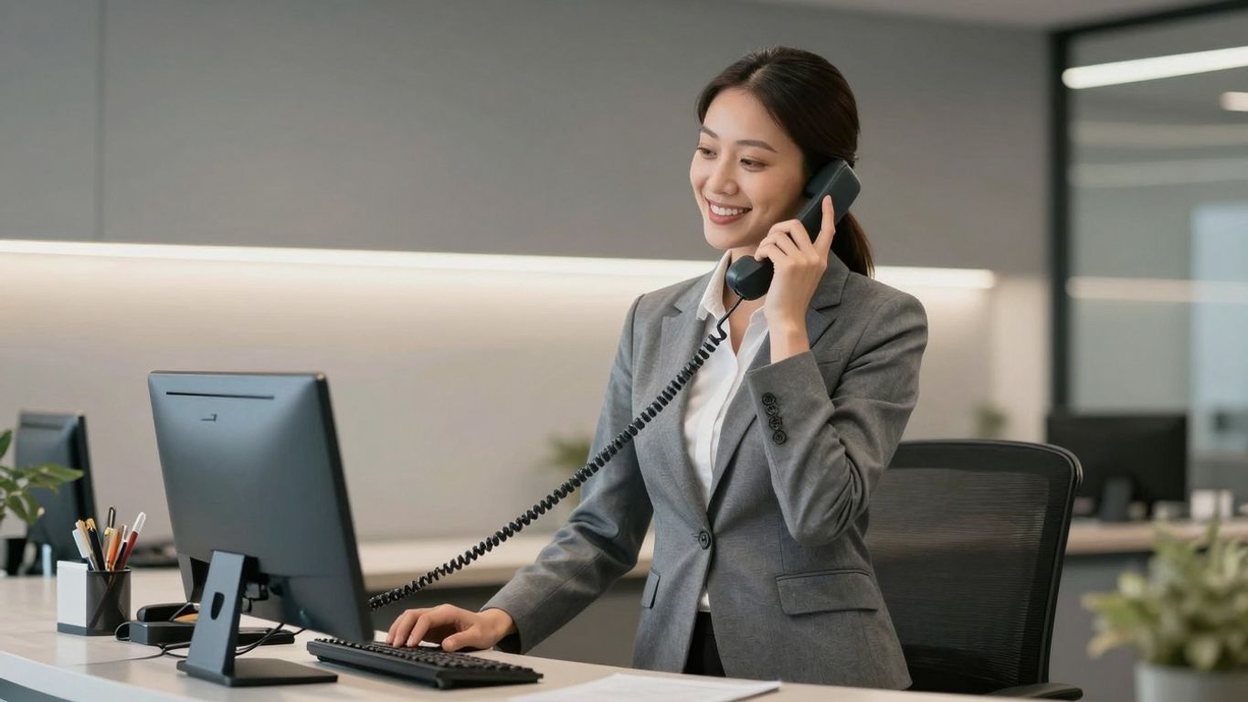 Receptionist answering a phone with a smile.