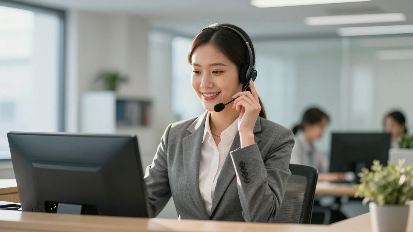 Receptionist answering a phone with a smile.