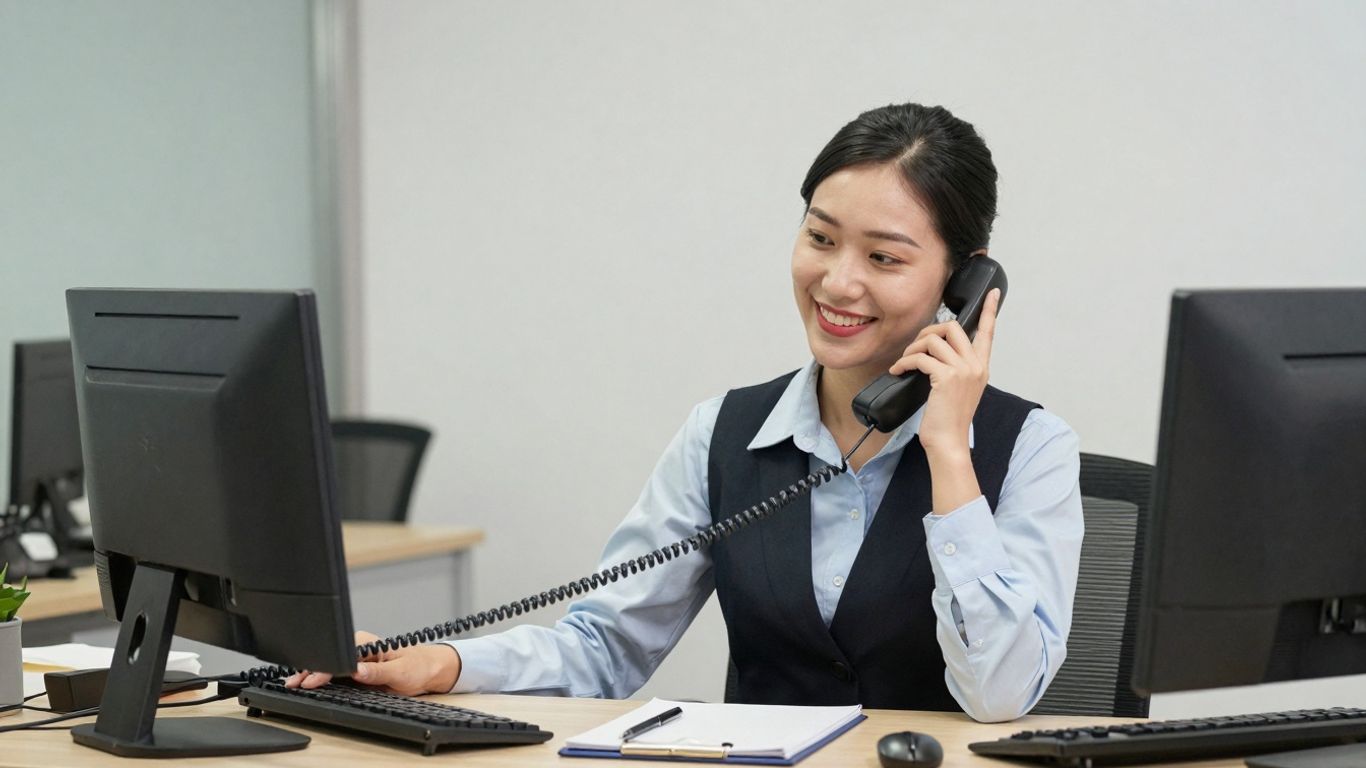 Receptionist answering phone with a smile at an organized desk.