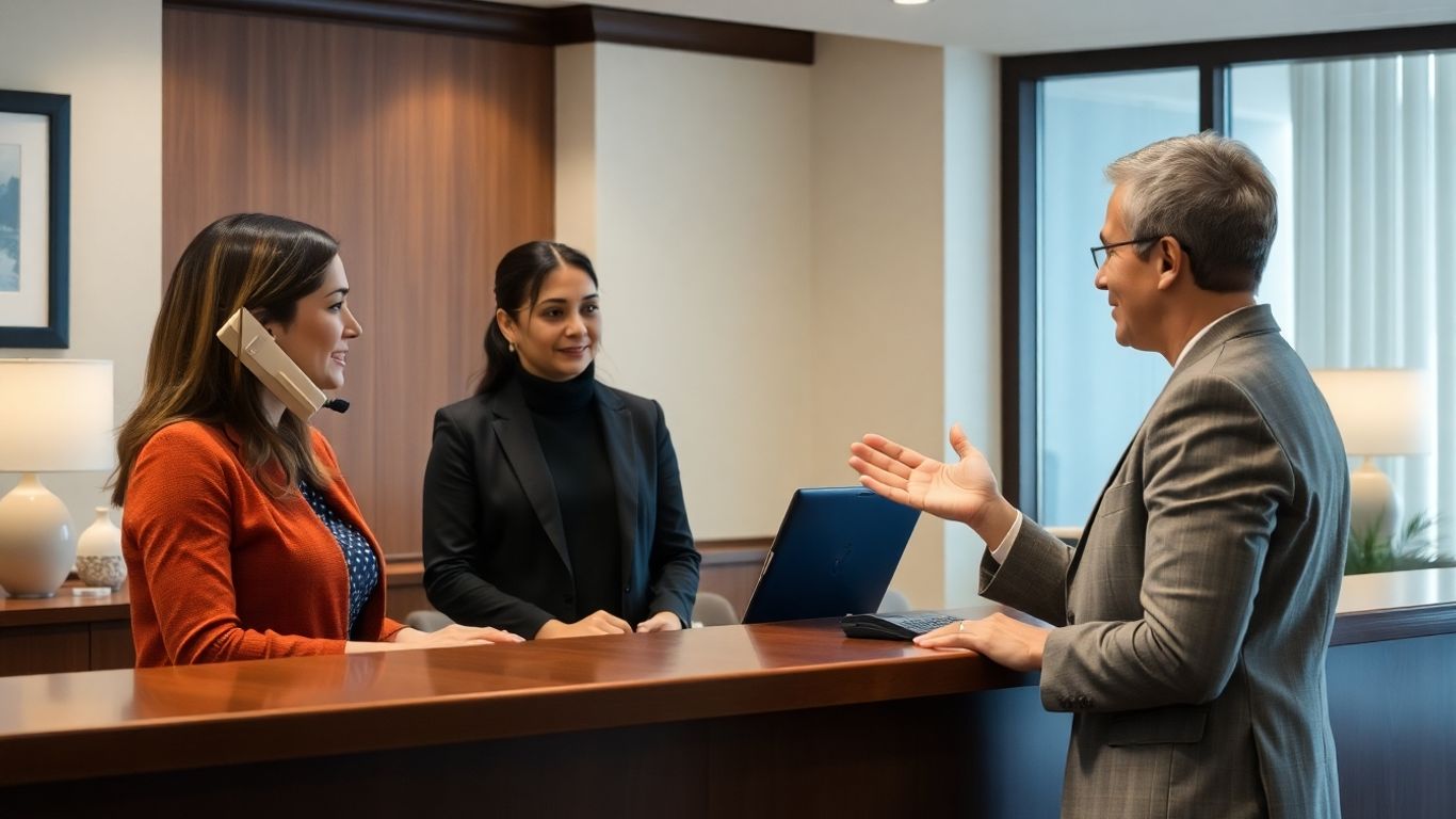 Front desk staff resolving a guest issue calmly and professionally.