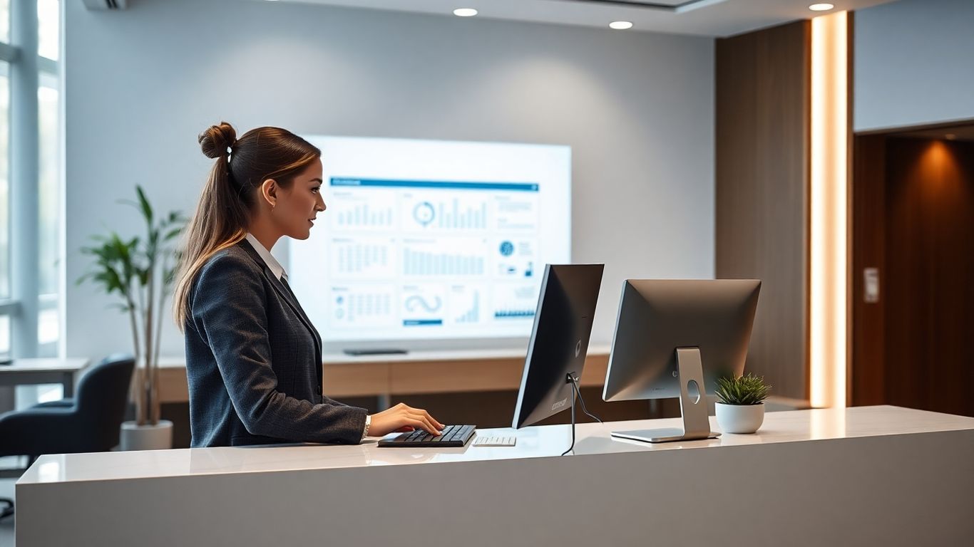 Receptionist using technology at a modern front desk.