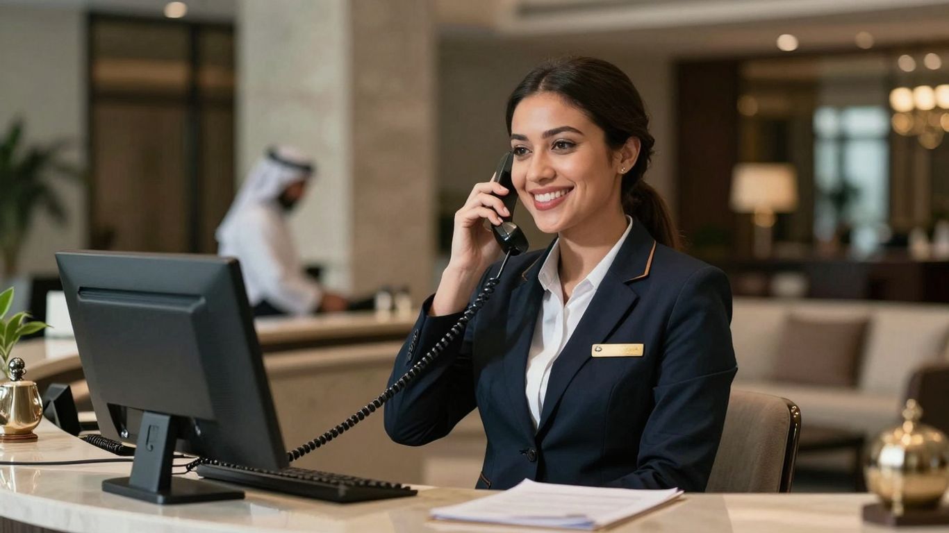 Hotel receptionist answering a phone call with a smile.