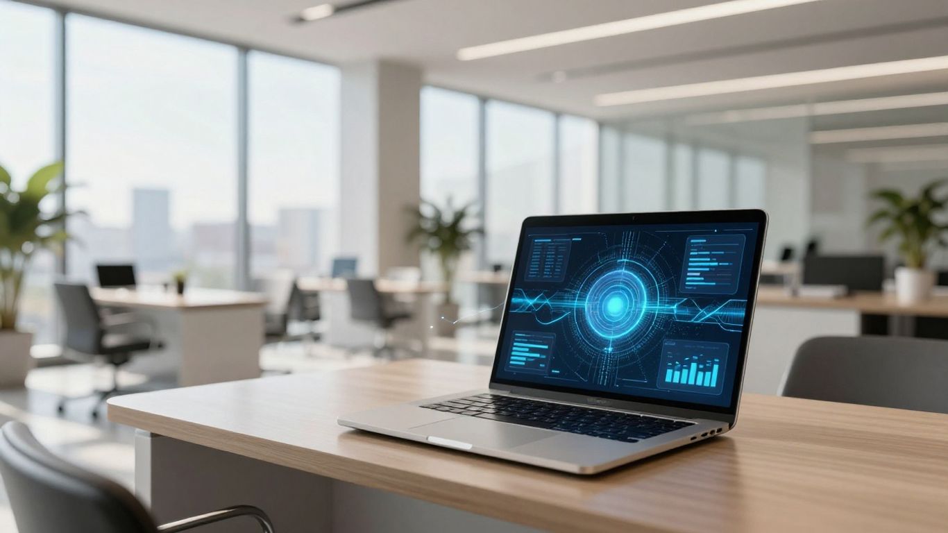 Real estate professional using AI technology in office.