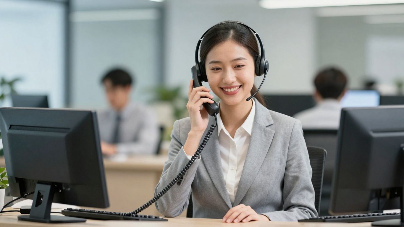 Receptionist answering a phone with a headset.