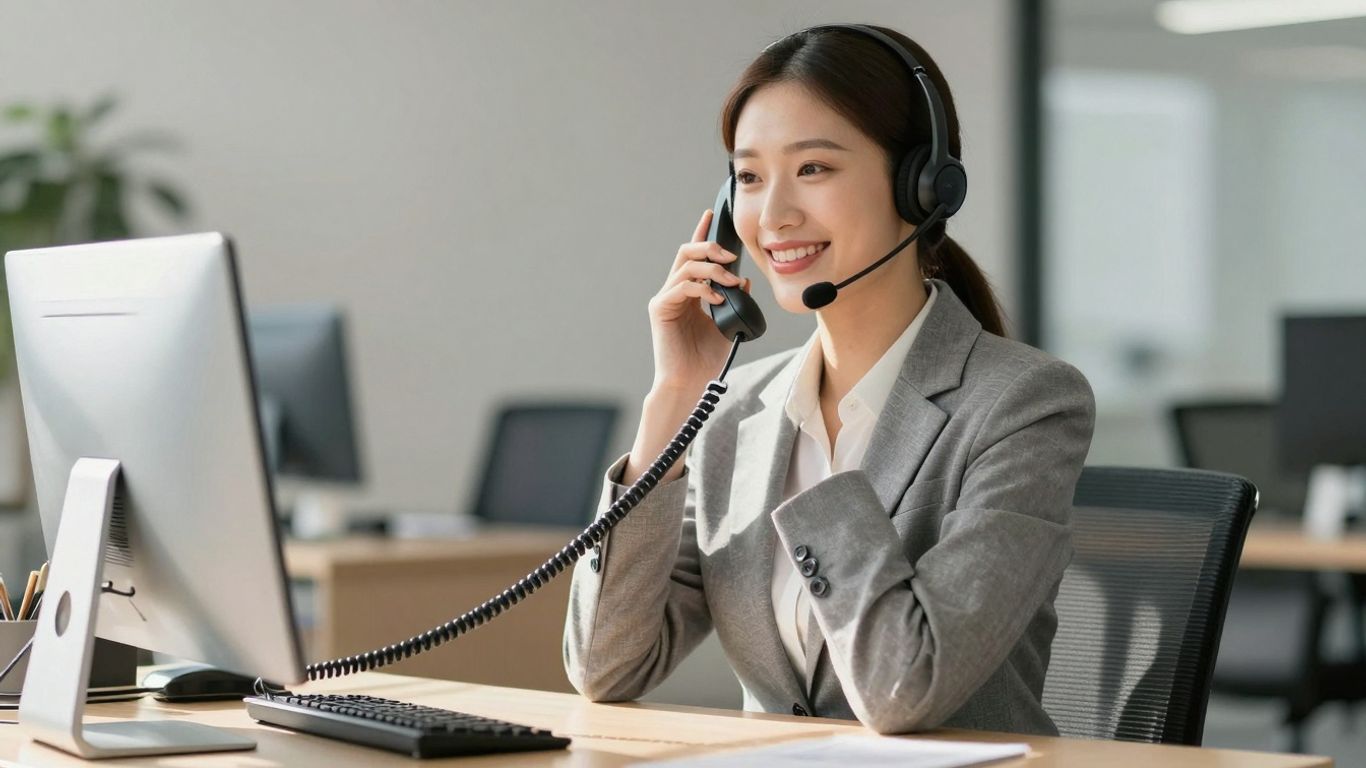 Receptionist answering a phone call professionally.