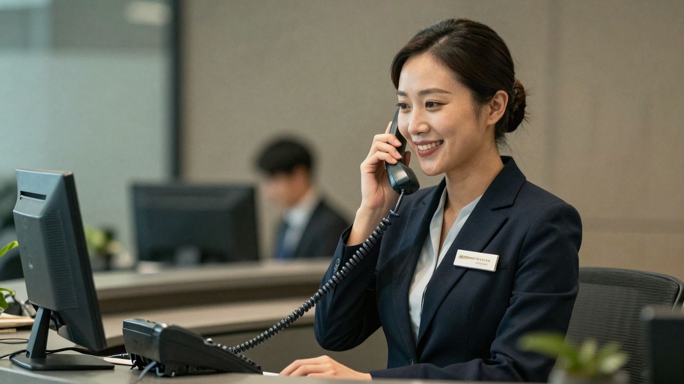Professional receptionist answering a modern phone in an office.