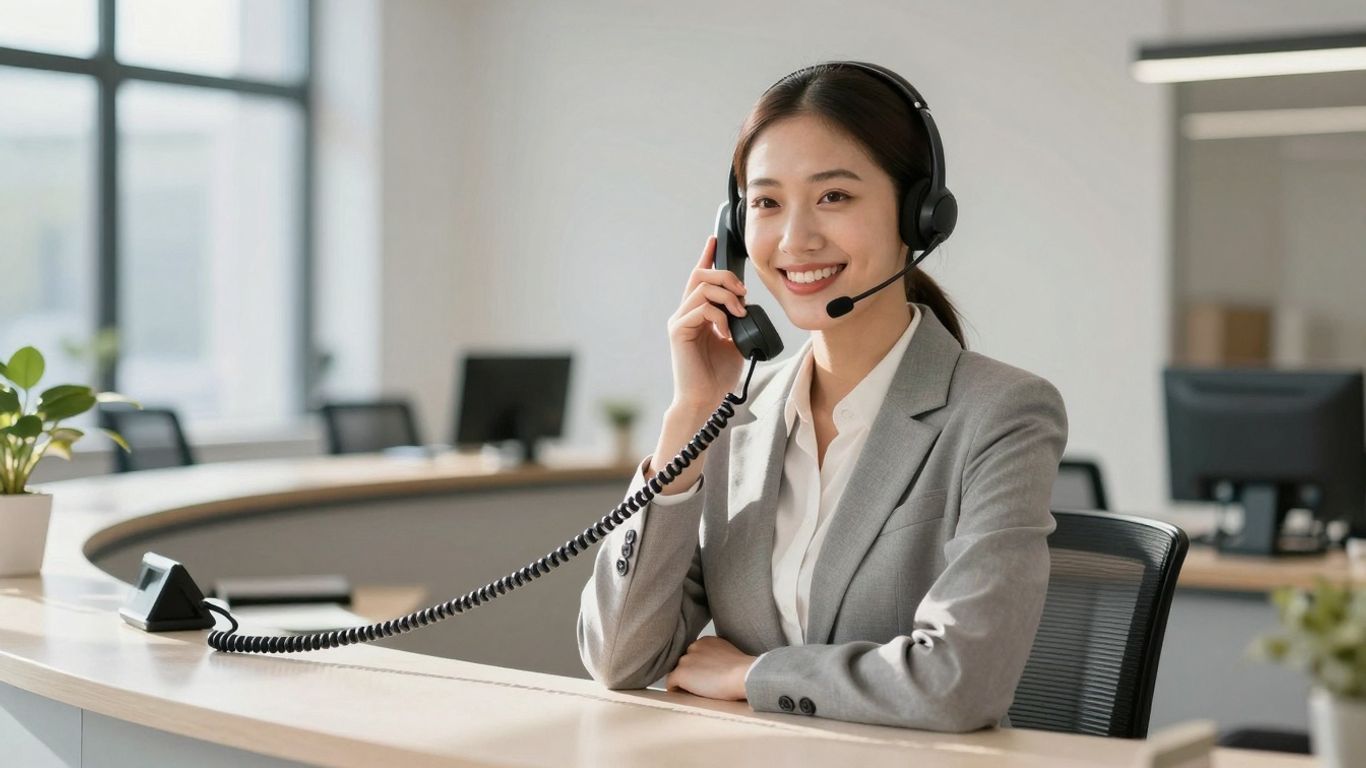 Professional receptionist answering a phone call with a smile.