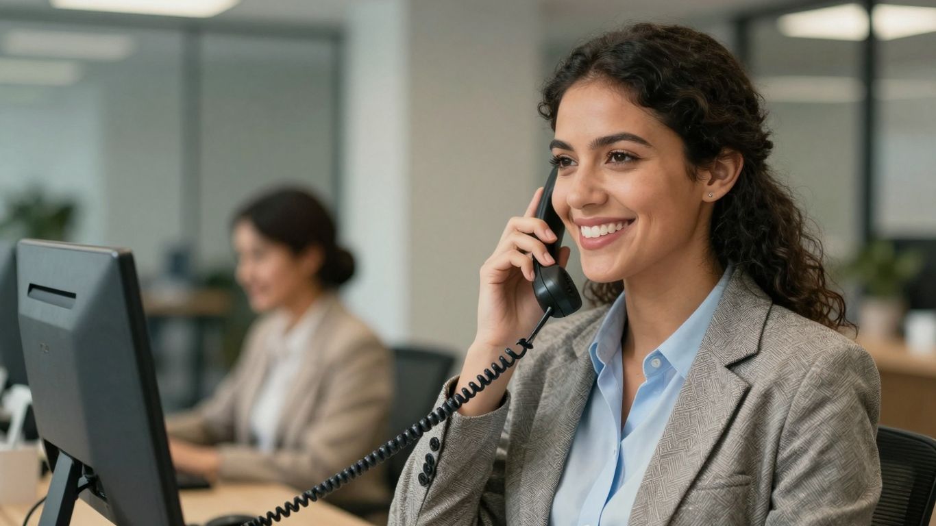 Receptionist answering a phone call in an office.
