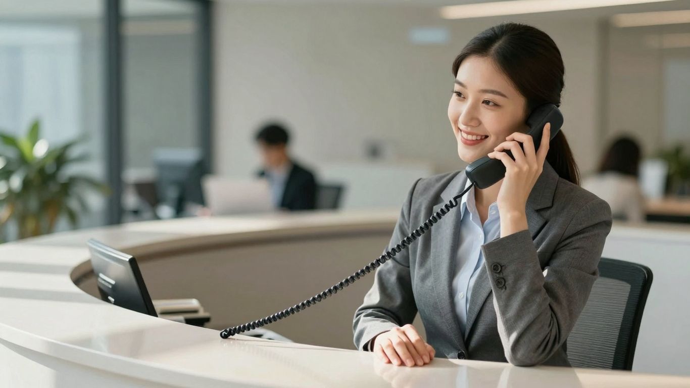 Receptionist answering a phone with a smile.