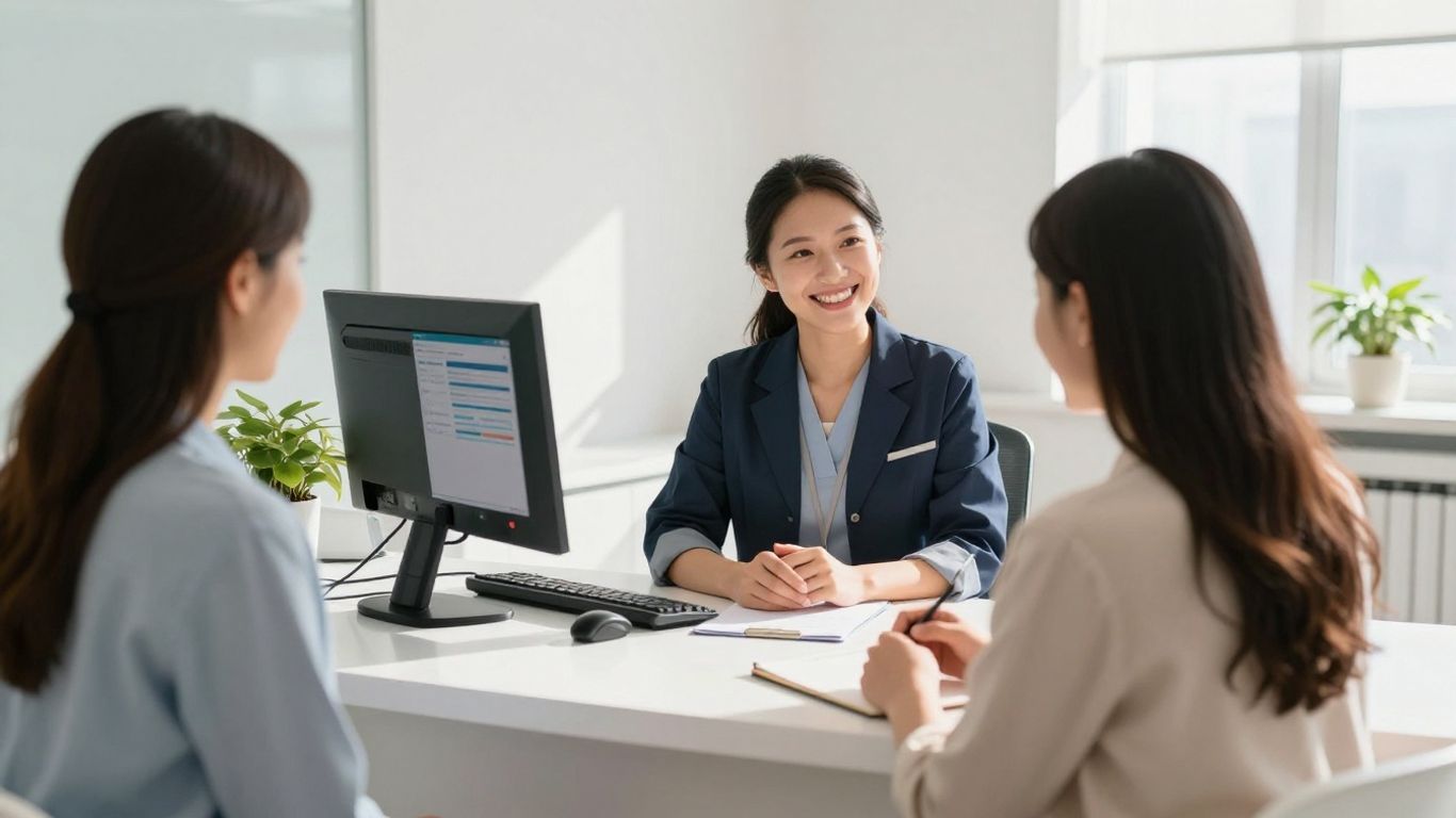Dental receptionist assisting a patient at the front desk.