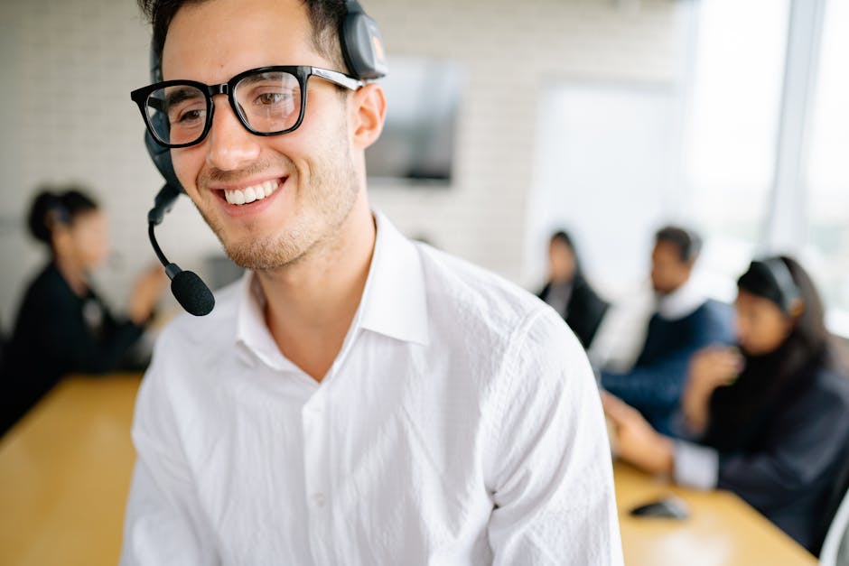A vibrant customer service scene with a friendly representative engaging in a virtual call with a happy customer on-screen, showcasing technology and personal touch.