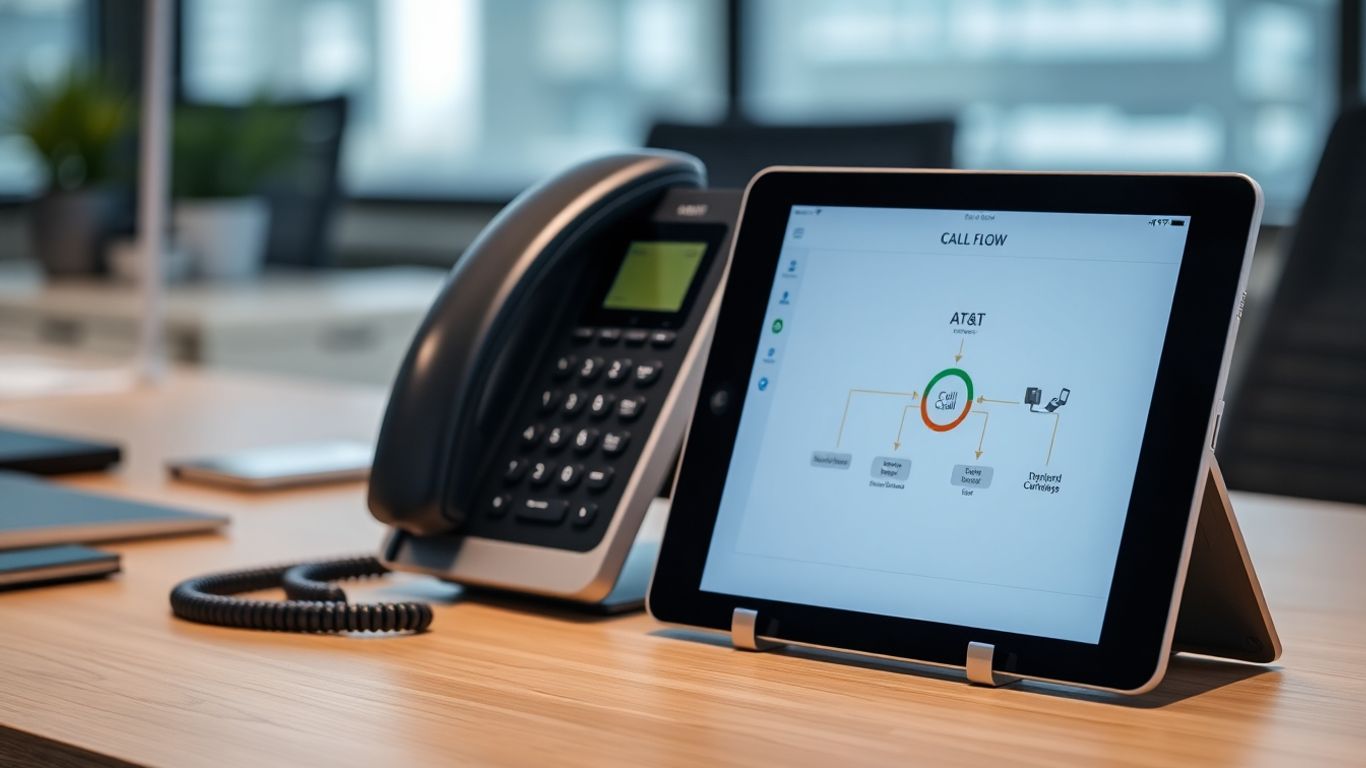 AT&T auto attendant phone system on an office desk.