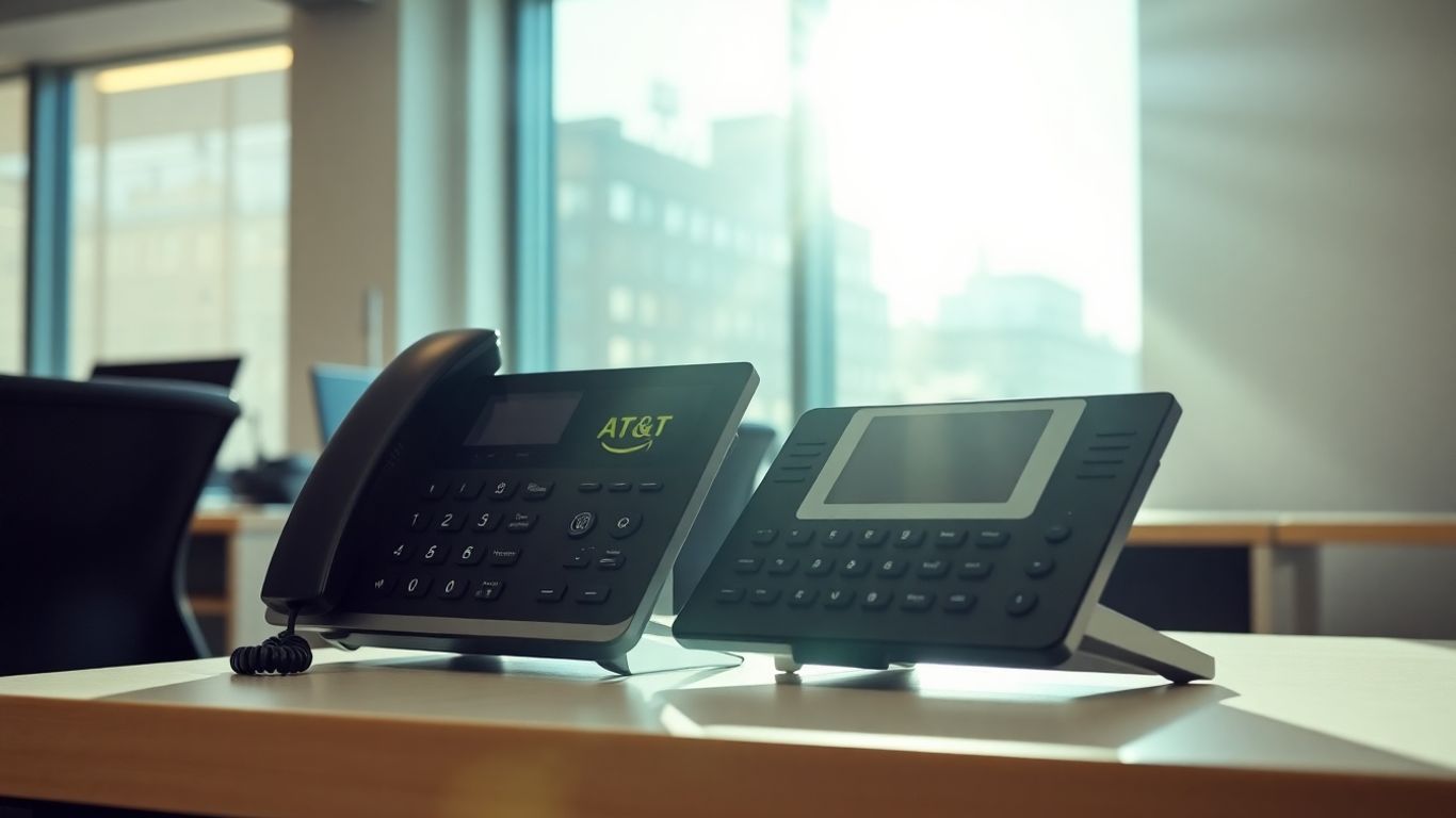 Modern AT&T phone system in a bright office.
